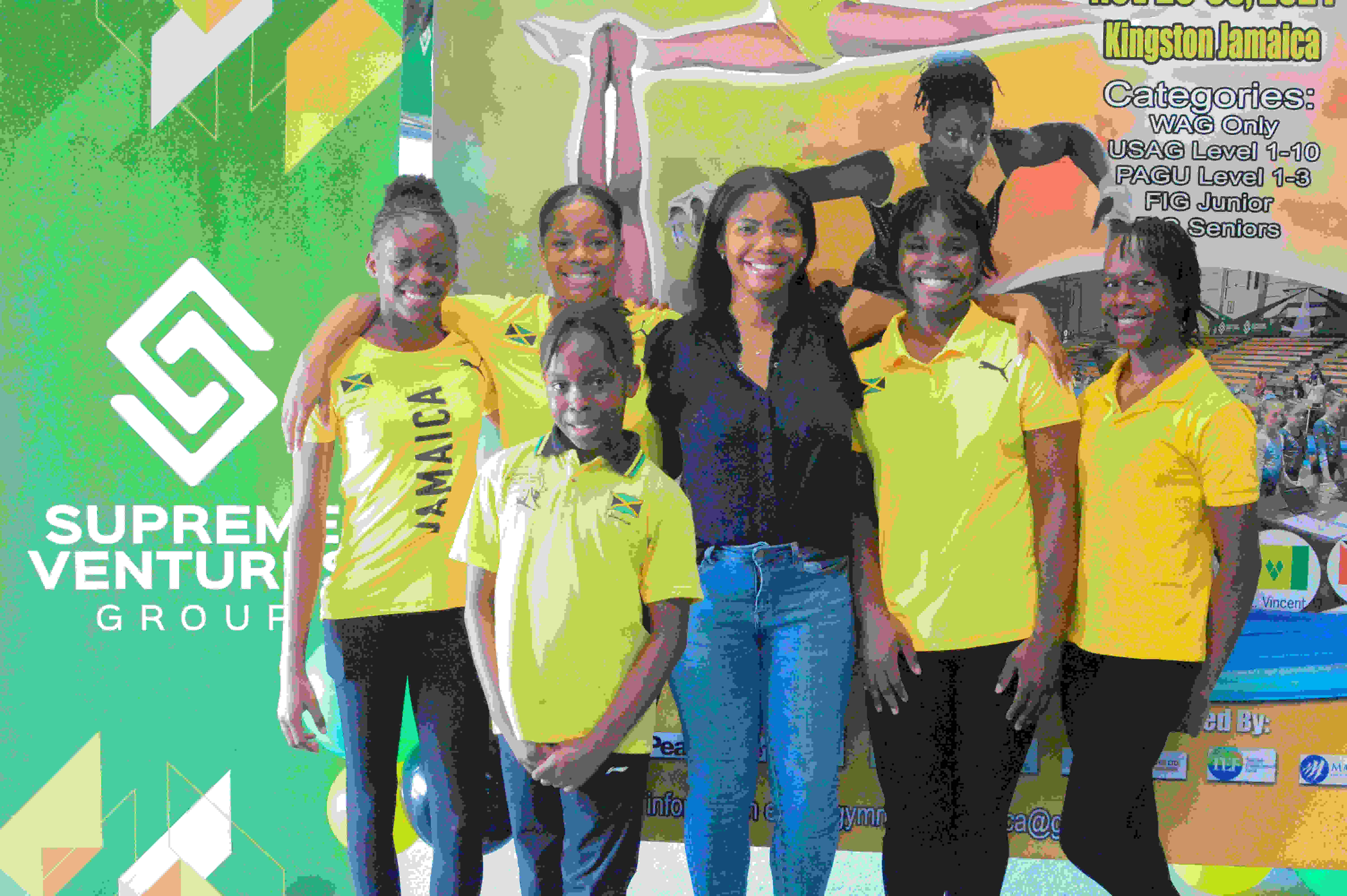 Supreme Ventures Limited (SVL) Marketing Manager Jhana Edwards shares a moment with members of Team Jamaica gymnasts during the inaugural Carifta Gymnastic Press Launch at the Jamaica School of Gymnastics on Thursday. Jamaica Launches Inaugural CARIFTA Gymnastics Championships with Strong Support from Supreme Ventures Limited and Mayberry Investments