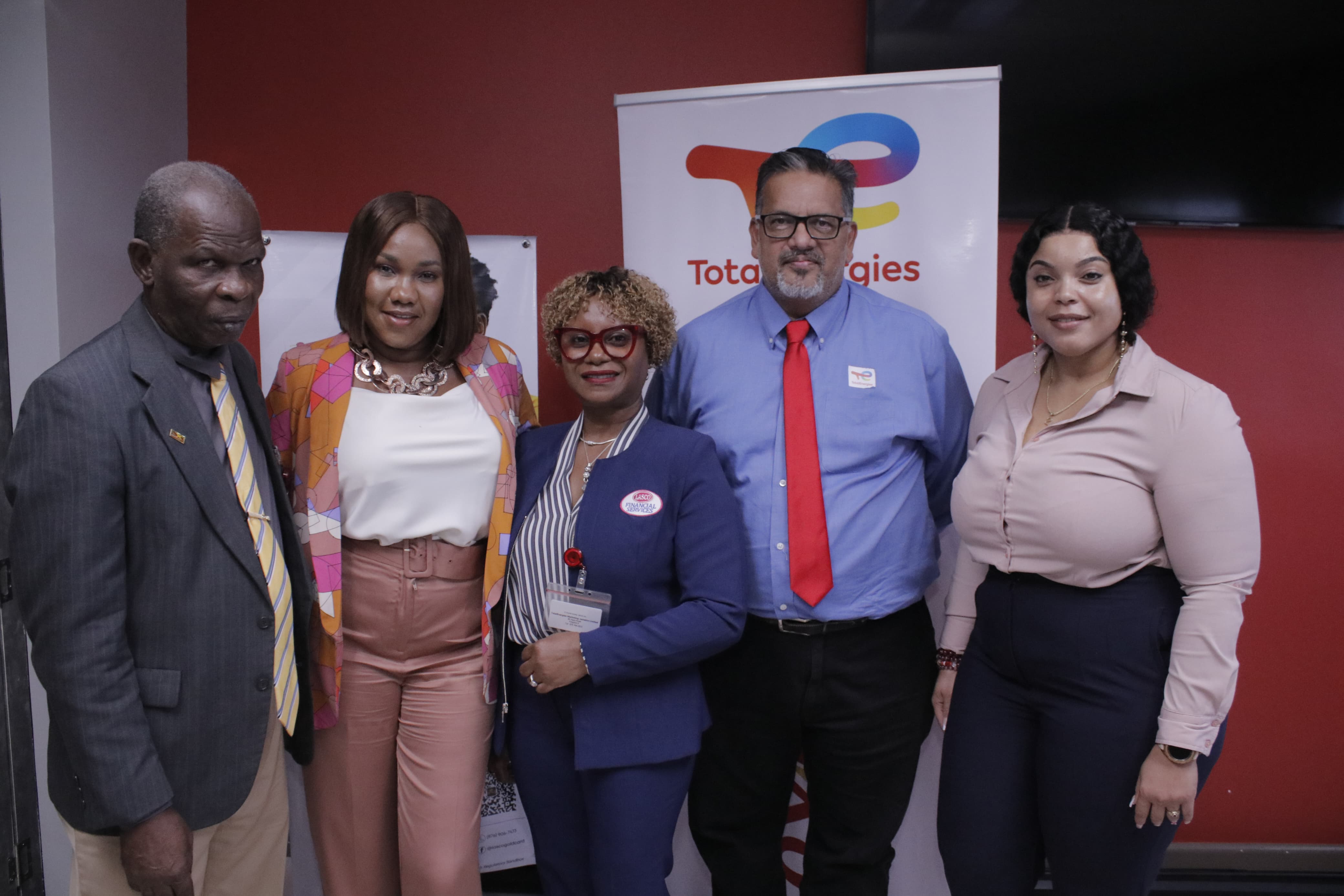 (from left) Egerton Newman, President of the Transport Operators Development & Sustainable Solutions; Shoyagay Edwards, Assistant Sales Manager at LASCO Financial Services; Jacinth Hall-Tracey, Managing Director-LASCO Financial Services; Sanjeev Seoshankar, Commercial Director- TotalEnergies and Andrena Smith, SFS and Marketing Manager- TotalEnergies, shared the lens at the press launch of the partnership between LASCO Financial Services and Total Energies on Wednesday at the Total Headquarters. LASCO Financial Services, Total Energies, and TODSS Announce Strategic Partnership