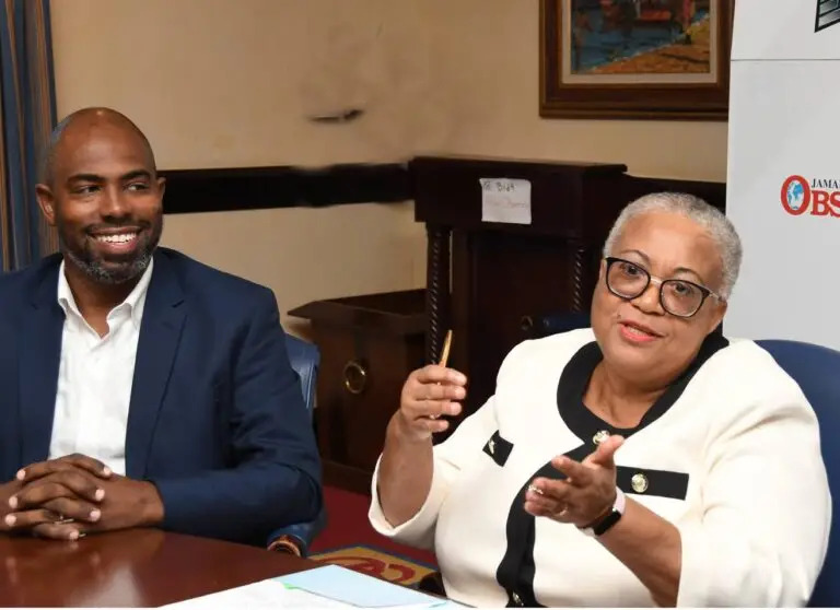 JSE Managing Director Marlene Street Forrest makes a point while discussing the green and sustainable bond at the recently held Jamaica Observer Business Forum. Looking on is JSE Chairman Steven Whittingham. JSE enters global green bond market