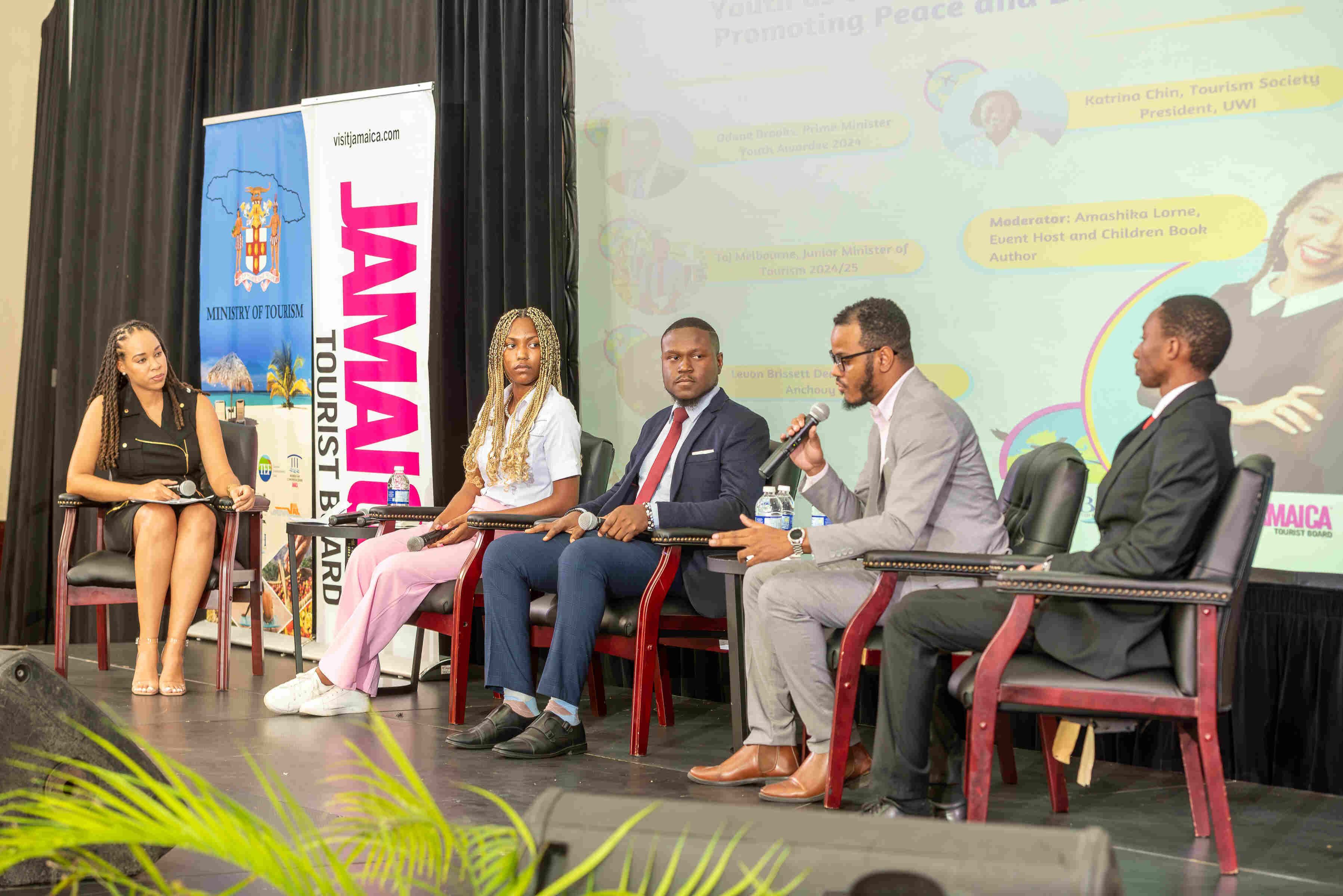 (TAW Youth Forum) Enabling young people to tap into opportunities that exist in the tourism sector was a point that received consensus among a panel of young leaders who explored the topic “Building a Bridge: Youth as Catalysts for Change,” during the Tourism Awareness Week (TAW) Youth Forum 2024 held at the Montego Bay Convention Centre recently. The forum forms part of the slate of activities for TAW 2024, which is being observed from September 22-28, under the theme “Tourism and Peace: Out of Many, One Love.” From lefty are: Moderator, Amashika Lorne; President of the UWI Tourism Society, Katrina Chin; Prime Minister’s Youth awardee, Odane Brooks; Dean of Discipline at Anchovy High School, Levon Brissett and Junior Minister of Tourism, Taj Melbourne. Youth Leaders See Many Opportunities in Tourism