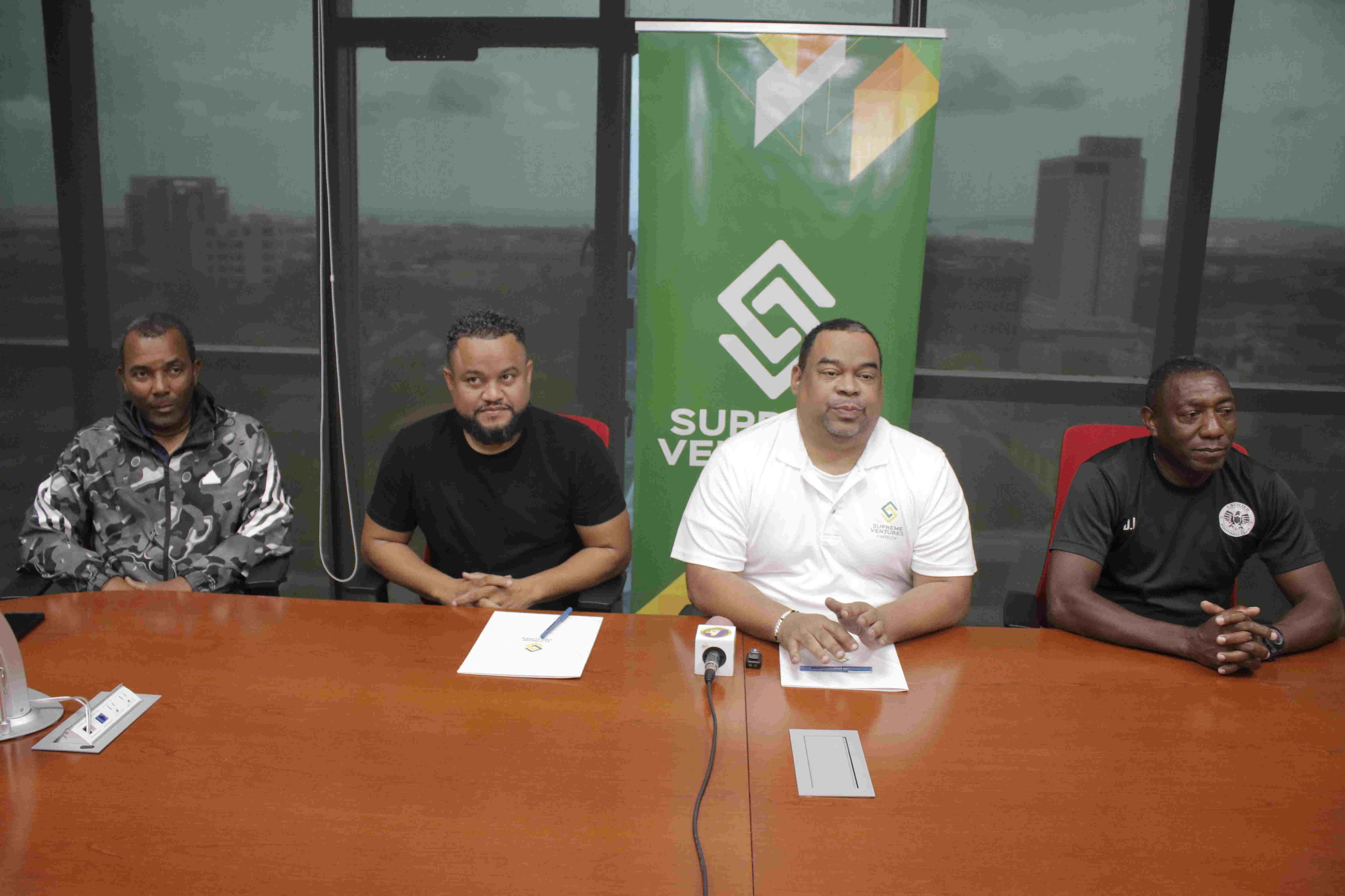 From left to right: Rudolph Speid, Manager Cavalier FC, Ryan Foster, Chairman Cavalier FC, Gary Peart, Supreme Ventures Limited (SVL) Executive Chairman and David Lalor, Coach Cavalier FC during the sponsorship signing on Friday at the Courtleigh Corporate Suites Supreme Ventures Announces $5 Million Sponsorship for Cavalier FC in CONCACAF Champions Cup Match