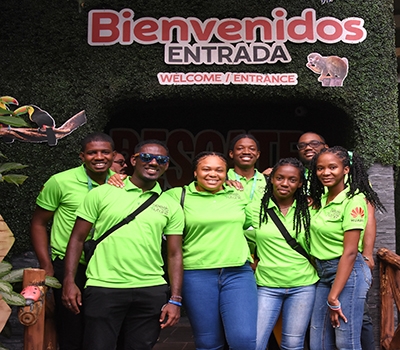 From back: University of the West Indies, Mona's, Donniver Haughton, Kevaughn Williams, Brandon Sadler Front Left: Gawayne Wright, University of Technology's, Renae Campbell, Brianna Hanson and Dahlia Richards at the Rescate Wildlife Rescue Center La Garita, Costa Rica on Saturday October 14