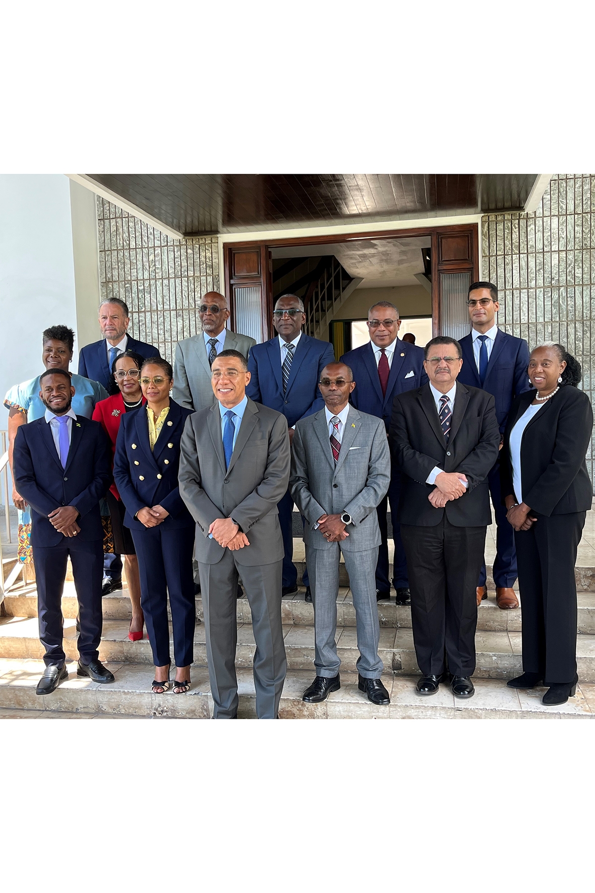 Prime Minister, The Most Hon. Andrew Holness (centre) poses for a picture with the members of the Constitutional Reform Committee (CRC). The members are: Hon. Marlene Malahoo Forte (third left), Ambassador Rocky Meade (third right), Dr. Derrick McKoy (second right); (back row, from left) Dr. Nadeen Spence, Senator the Hon. Tom Tavares-Finson, Mr. Hugh Small, Dr. David Henry, Mr. Anthony Hylton, Prof. Richard Albert; (front row, from left) Mr. Sujae Boswell, Senator Donna Scott-Mottley and Mrs. Laleta Davis Mattis. Not pictured are: Dr. the Hon. Lloyd Barnett and Senator Ransford Braham.